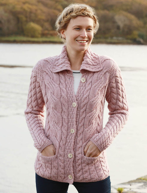 Cable Knit Button-Up Cardigan - Winter Rose