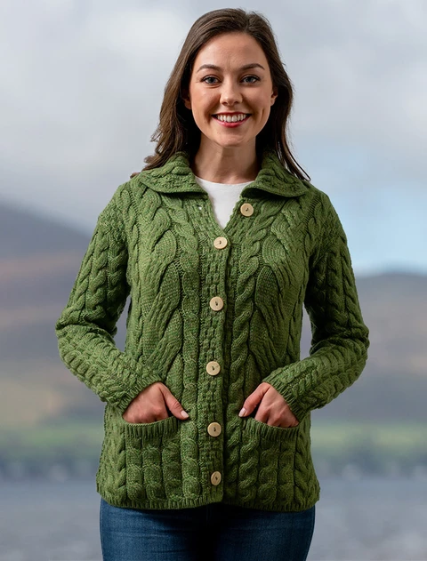 Cable Knit Button-Up Cardigan - Meadow Green