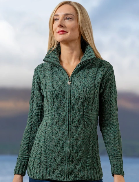 Cable Aran Cardigan with Zipper - Connemara Green