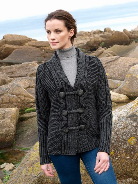Shawl Neck Two-Tone Merino Cardigan - Charcoal