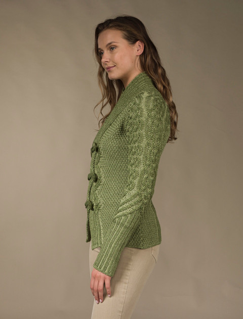 Shawl Neck Two-Tone Merino Cardigan - Grass