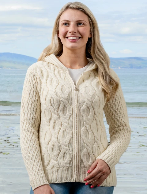 Women's Merino Wool Cable Knit Hoodie - White