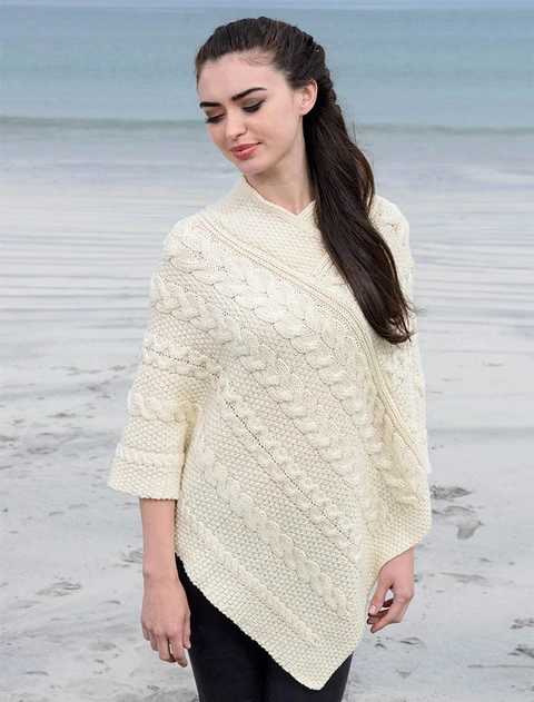 Aran Cable Poncho - White