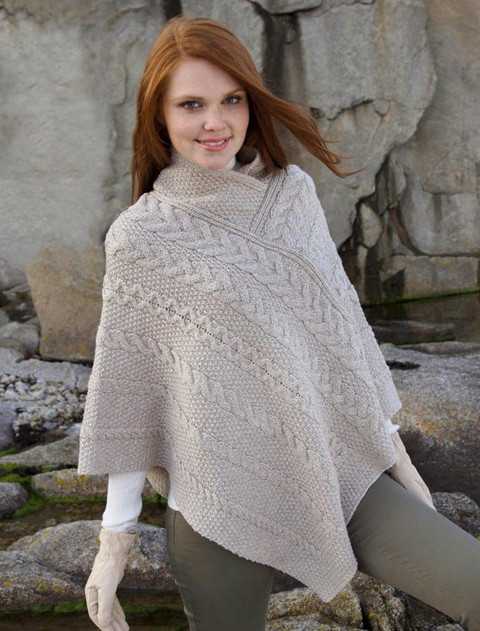 Aran Cable Poncho - Parsnip