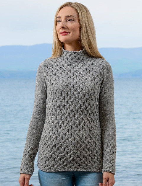 Wool Cashmere Aran Trellis Sweater - Light Grey