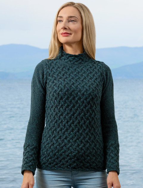 Wool Cashmere Aran Trellis Sweater - Forest Glade