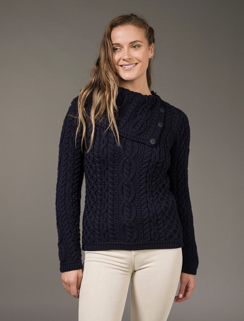 Cowl Button Neck Aran Sweater - Navy