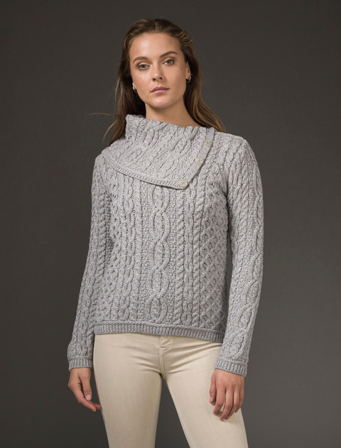 Cowl Button Neck Aran Sweater - Soft Grey