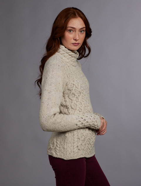 Women's Wool Cashmere Aran Mock Turtleneck Sweater - Chalkstone