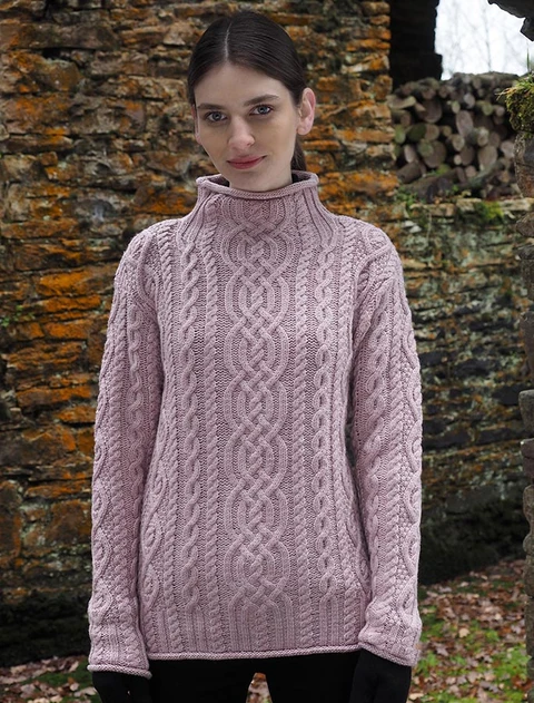 Super Soft Aran Roll Neck Sweater - Dusty Pink