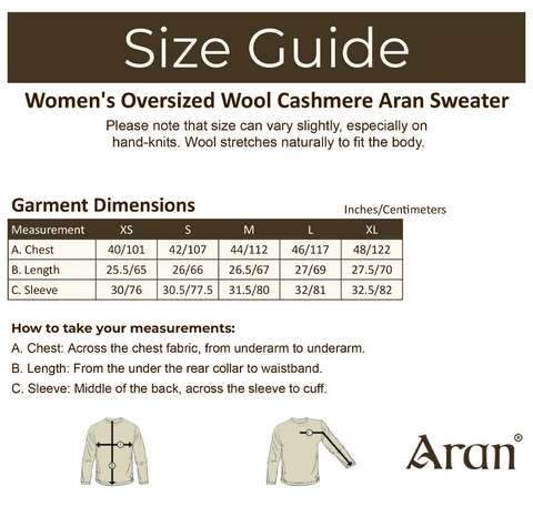 Wool Cashmere Aran Sweater - Size Guide