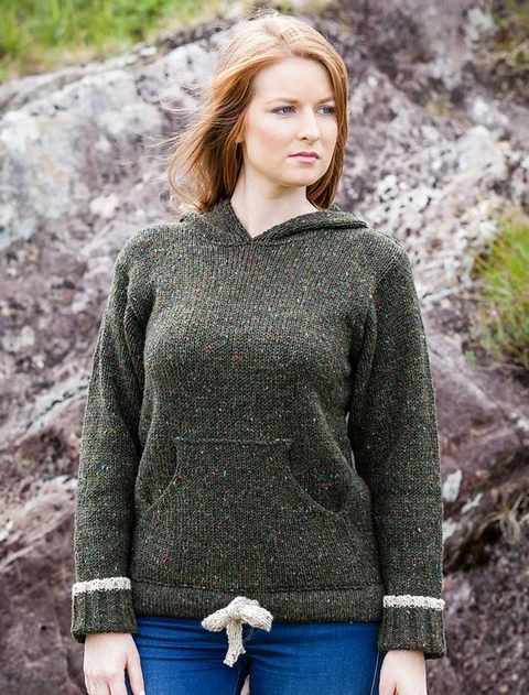 Wool Hoodie with Pouch Pocket - Forest Green