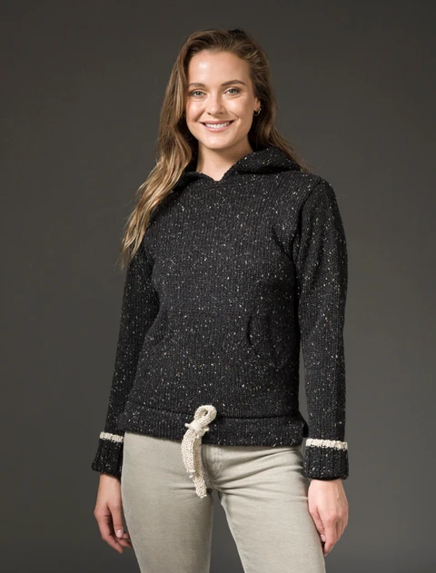 Wool Hoodie with Pouch Pocket - Black