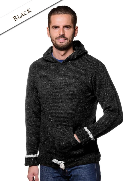 Men's Wool Hoodie with Pouch Pocket - Black