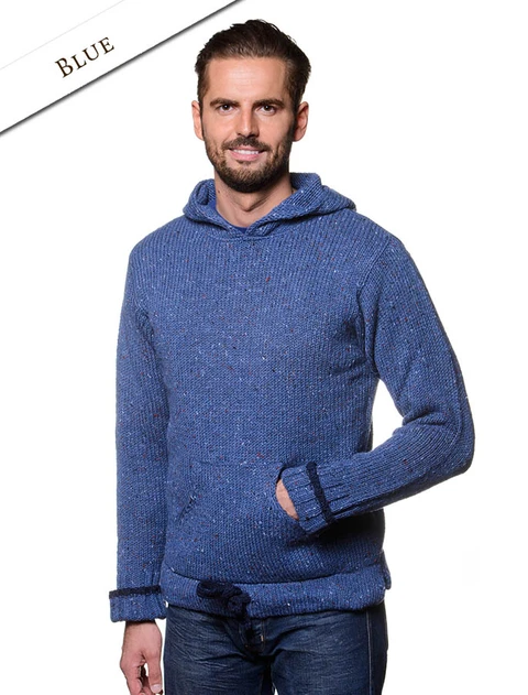 Men's Wool Hoodie with Pouch Pocket - Blue