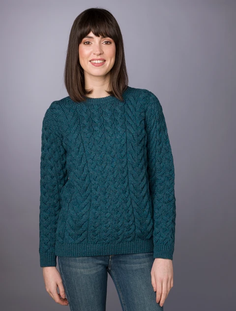 Women's Super Soft Aran Crew Neck Sweater - Irish Sea