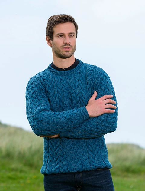 Super Soft Aran Crew Neck Sweater - Irish Sea