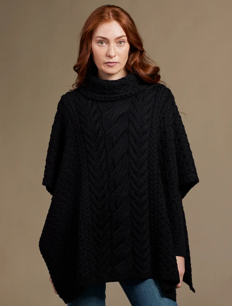 Super Soft Cowl Neck Poncho - Black