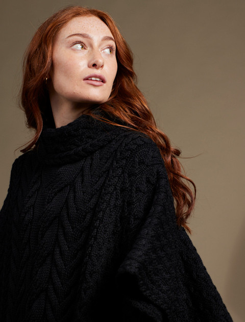 Super Soft Cowl Neck Poncho - Black