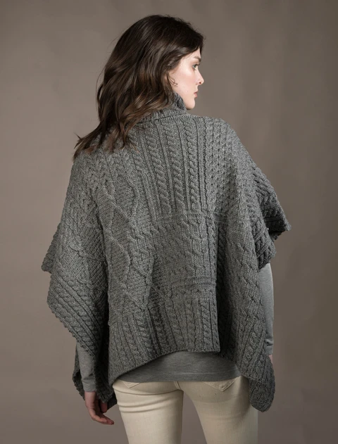 Merino Wool Patchwork Poncho with Collar - Grey