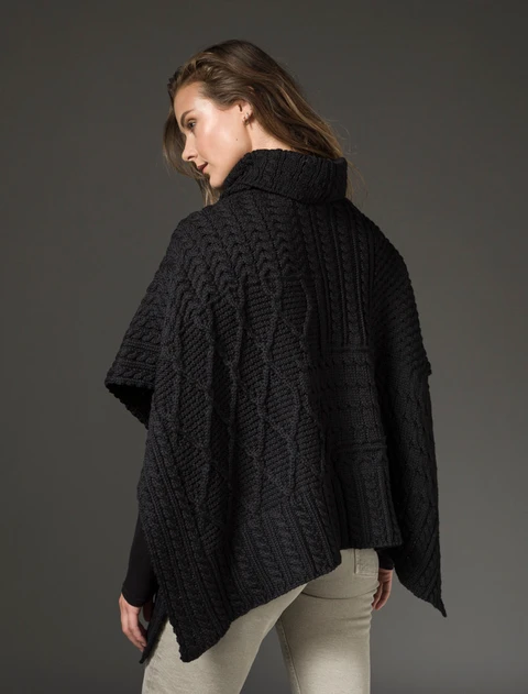 Merino Wool Patchwork Poncho with Collar - Black