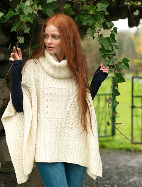 Merino Wool Patchwork Poncho with Collar - Natural White