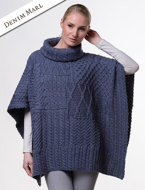 Merino Wool Patchwork Poncho with Collar - Denim
