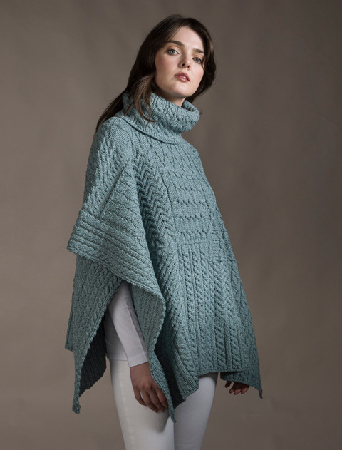 Merino Wool Patchwork Poncho with Collar - Misty Marl