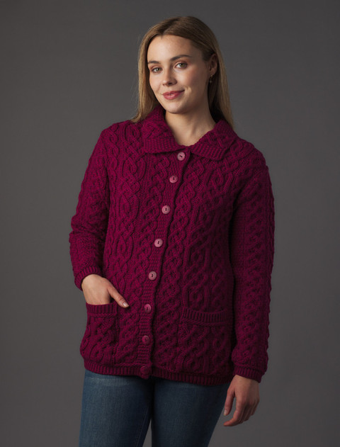 Ladies Merino Button Cardigan - Fuschia