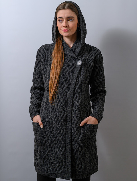 Plaited One Button Coat with Hood - Charcoal