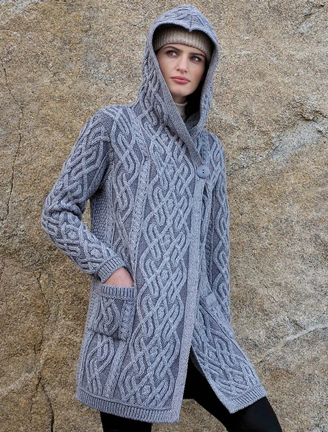 Plaited One Button Coat with Hood - Soft Grey