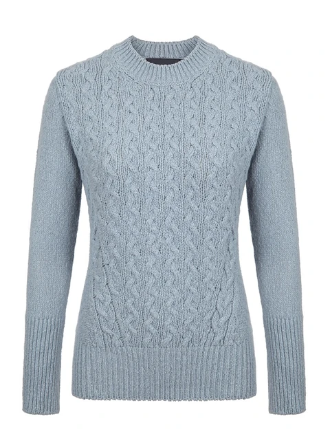 Wool Cashmere Cable Round Neck Sweater - Duck Egg