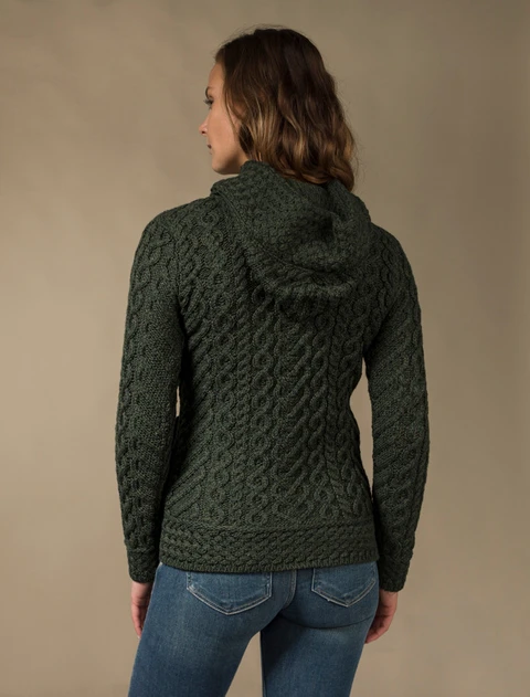 Aran Cable Knit Hoodie With Celtic Side Zip - Army Green
