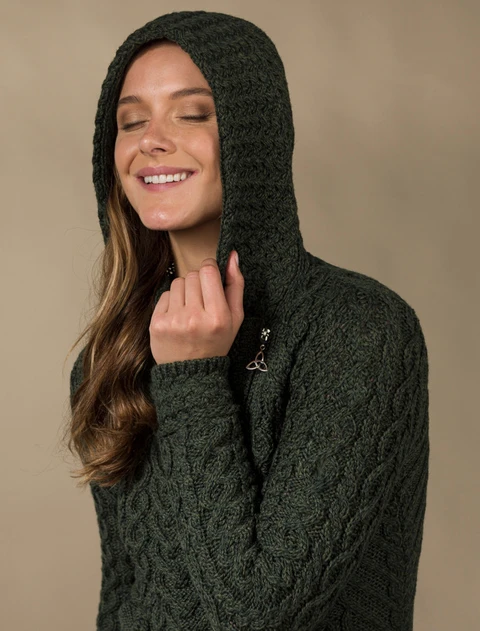 Aran Cable Knit Hoodie With Celtic Side Zip - Army Green