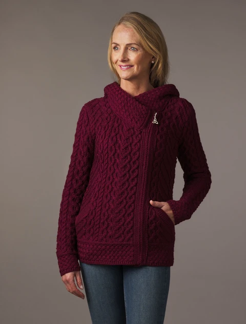 Aran Cable Knit Hoodie With Celtic Side Zip - Wine