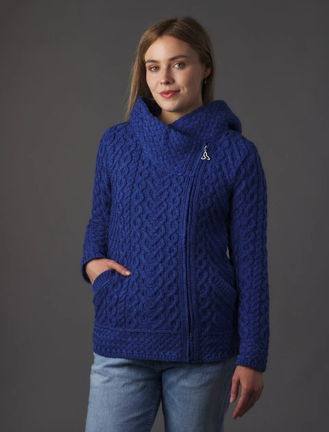 Aran Cable Knit Hoodie With Celtic Side Zip - Blue