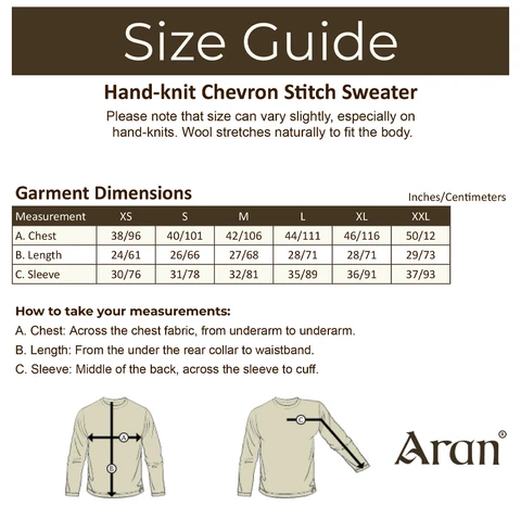Mens Handknit Honeycomb Stitch Sweater - Size Guide