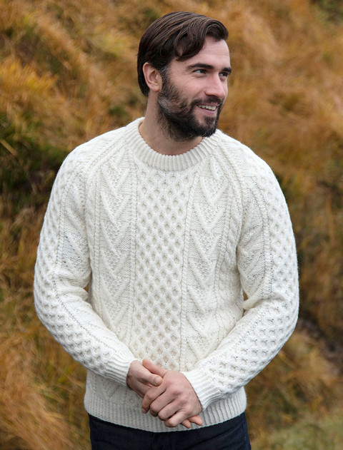 Mens Handknit Honeycomb Stitch Sweater - Natural White