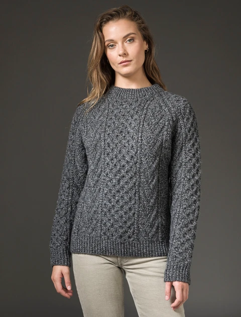 Handknit New Wool Honeycomb Stitch Aran Sweater - Charcoal