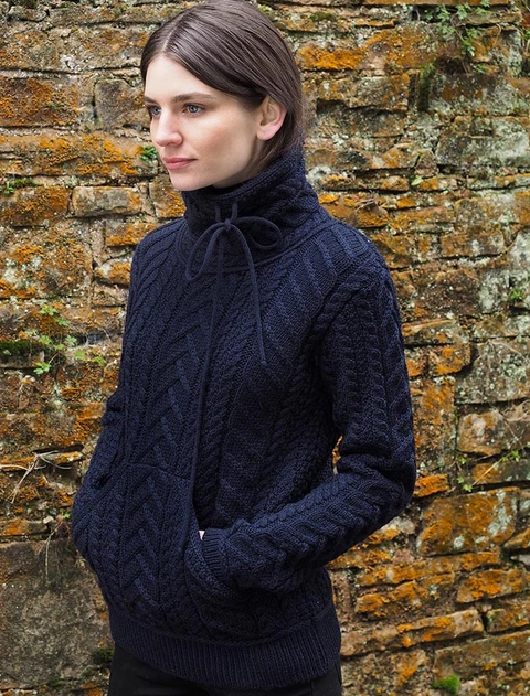 Super Soft Aran Cowl Neck Sweater - Navy