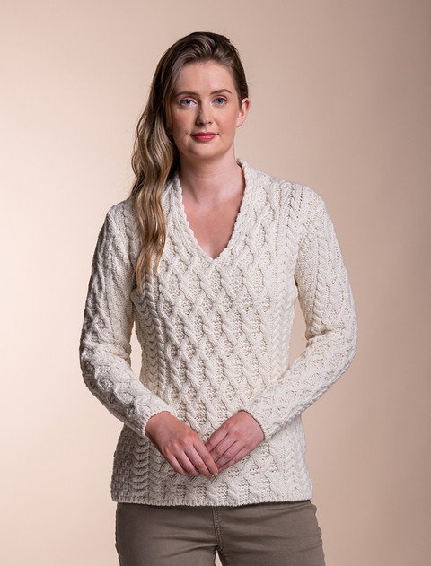 Lattice Cable V Neck Sweater - Natural White