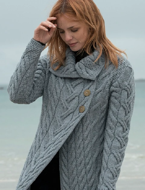 Ladies Super Soft Long Cable Knit Aran Cardigan