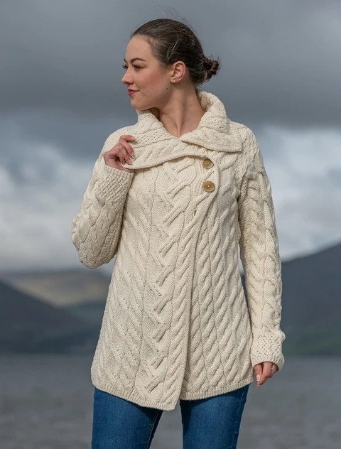 Ladies Super Soft Long Cable Knit Aran Cardigan  - Classic Aran - Back