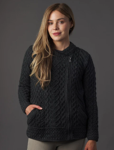 Merino Wool Side Zip Aran Cardigan - Charcoal