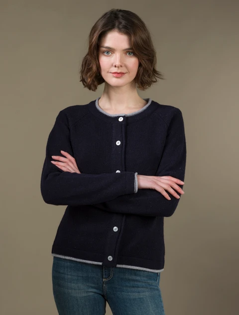 Wool Cashmere Button Down Cardigan - Navy