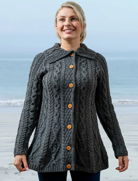 Super Soft Luxury Button-Up Flared Aran Cardigan - Slate Grey
