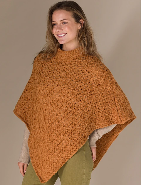 Hawthorn Pattern Aran Poncho - Golden Ochre