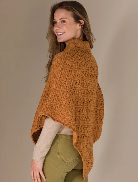 Hawthorn Pattern Aran Poncho - Golden Ochre