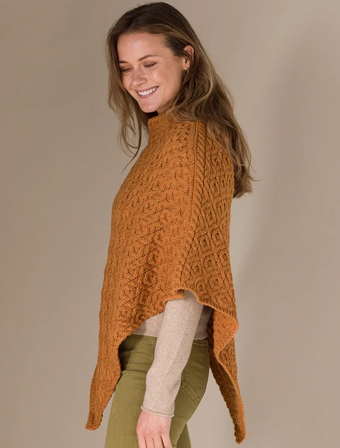 Hawthorn Pattern Aran Poncho - Golden Ochre