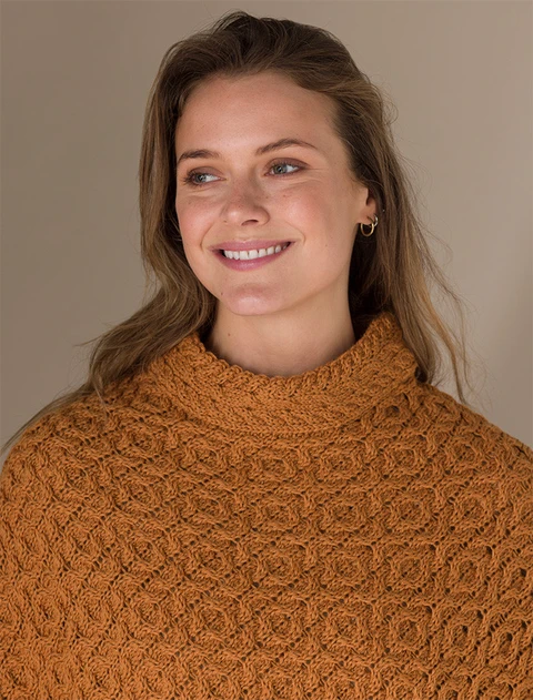 Hawthorn Pattern Aran Poncho - Golden Ochre